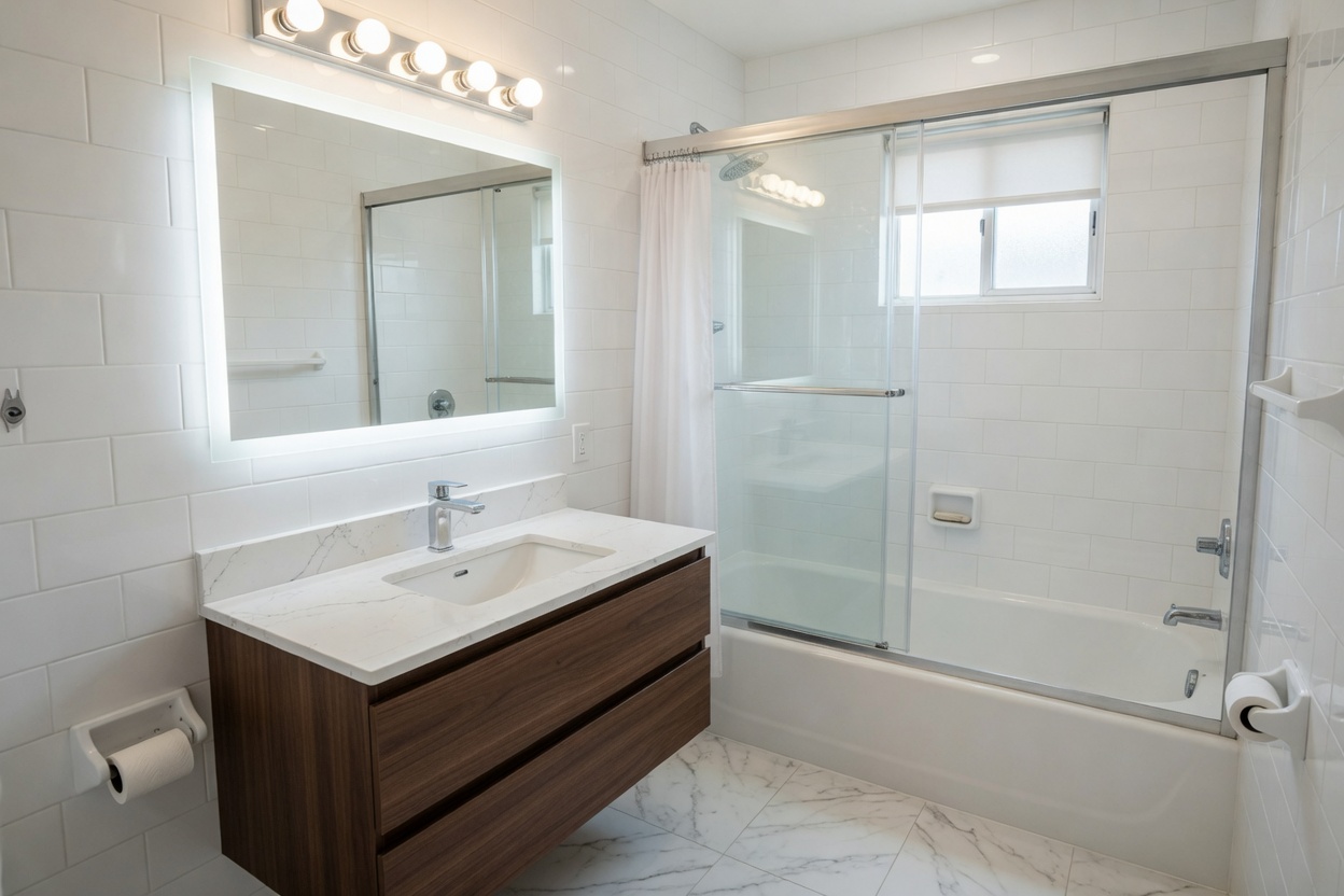Renovated bathroom after work is complete