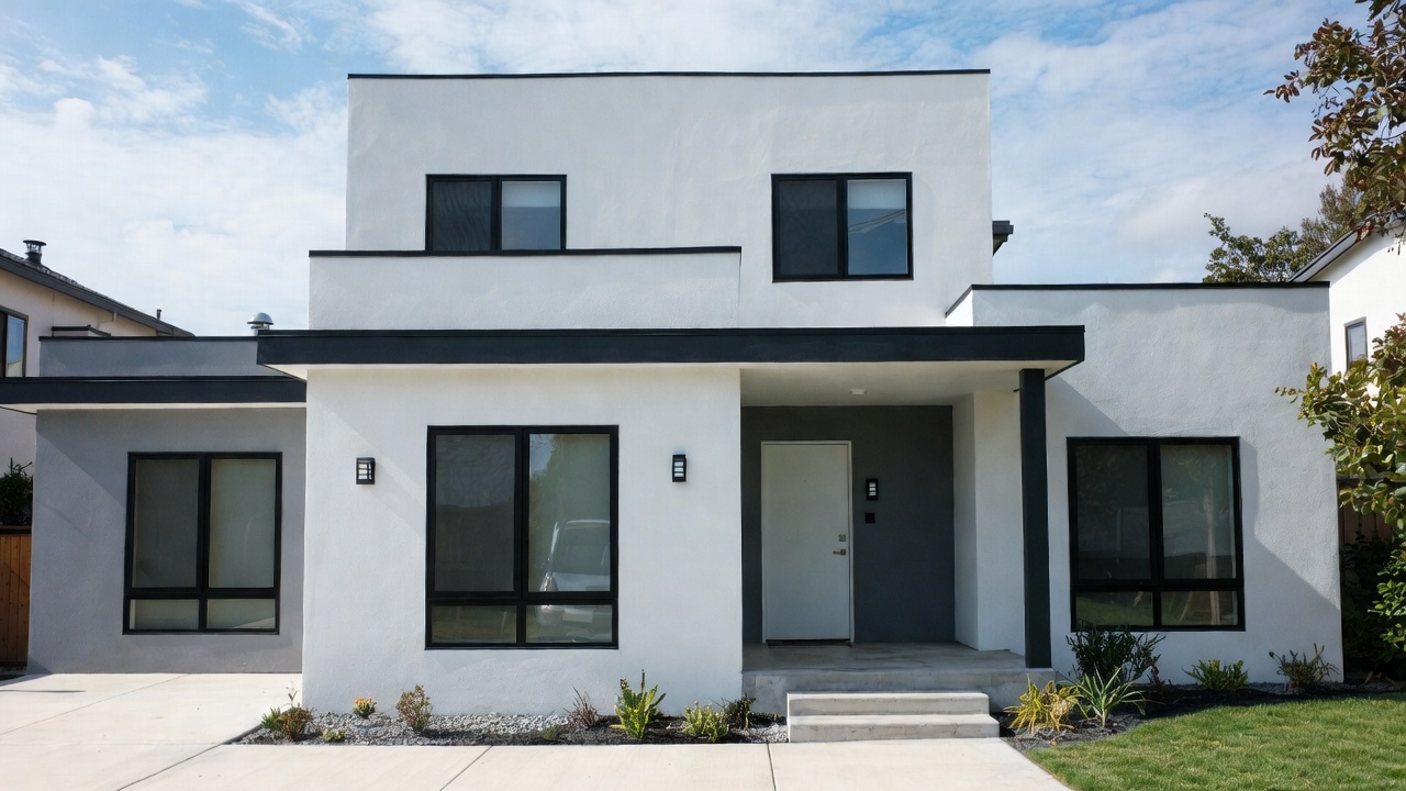 Same house after renovation, fresh stucco and landscaping