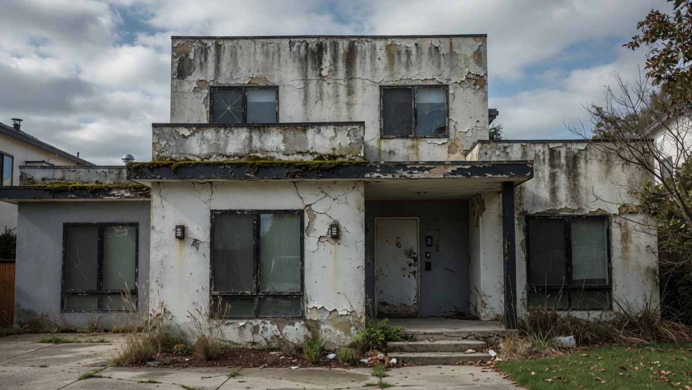 Two-story house before renovation, peeling stucco and neglected yard