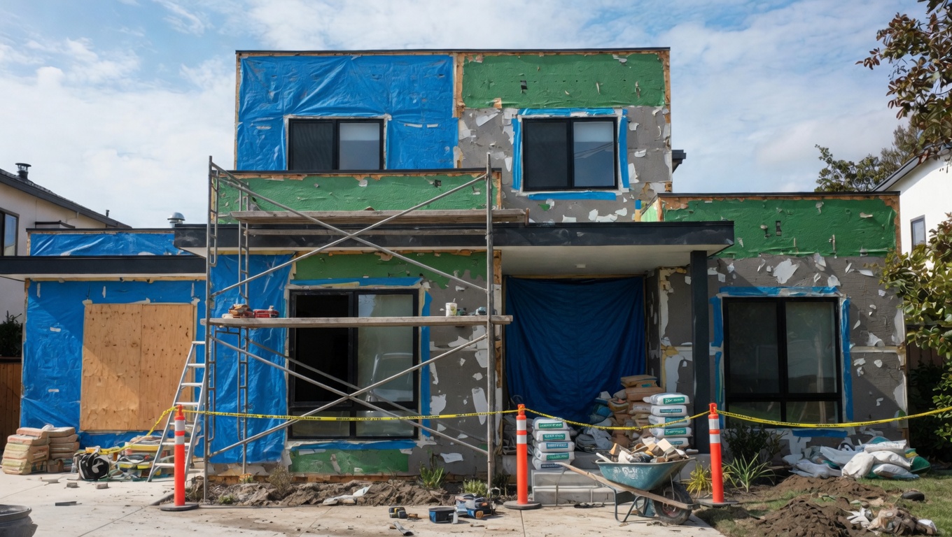 Same house during construction with scaffolding and weather wrap