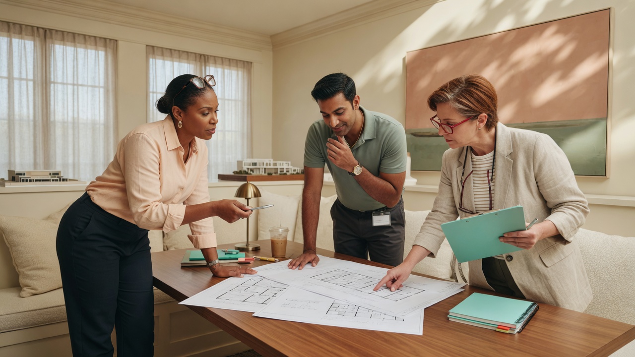 Lender, realtor, and consultant reviewing a renovation file together